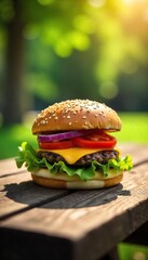 Juicy cheeseburger on a rustic wooden picnic table outdoors, bathed in warm sunlight Fresh lettuce, tomato, and onion are visible Perfect summer meal , lettuce, detail
