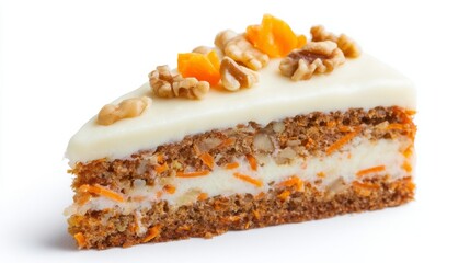 A luscious carrot cake slice, crowned with walnuts and apricot gems, celebrates Hygge warmth and Thanksgiving indulgence