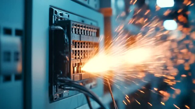 A broken electrical panel sparking and catching fire, flames leaping from the wires, sending bright sparks flying in all directions in a dimly lit room