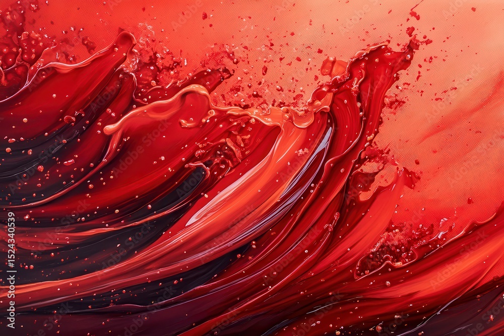Fototapete Vibrant red liquid splash with dynamic droplets, A vibrant red liquid splashes dynamically, sending droplets flying in various directions