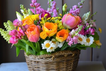 Vibrant Spring Bouquet in Woven Basket, A vibrant spring bouquet featuring colorful flowers arranged in a woven basket, showcasing the beauty of the season