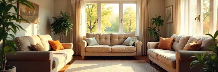 A cozy and bright elderly care home living room, featuring comfortable furniture and natural light Warm, inviting atmosphere perfect for relaxation and socialization , sofas, well-being