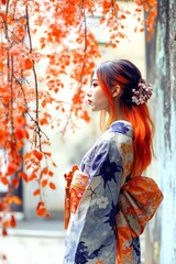 A woman in a kimono standing in front of a tree with orange leaves