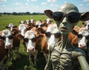 An alien trying to take a selfie with confused cows in the background, all wearing sunglasses