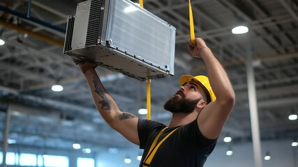 HVAC technician lifts large metal fan coil unit into ceiling frame using pulley system, background of high ceilings, industrial lighting, and hanging electrical conduits
