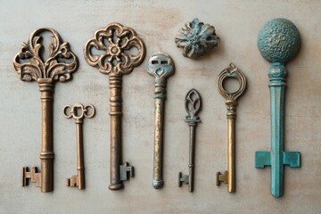 Vintage and modern decorative keys, Decorative keys from different eras, featuring both vintage and modern designs, arranged to emphasize their artistic variety