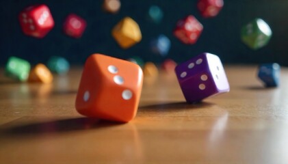 Close-up of several colorful dice rolling across a wooden table, capturing the motion blur and randomness of the game , background, probability