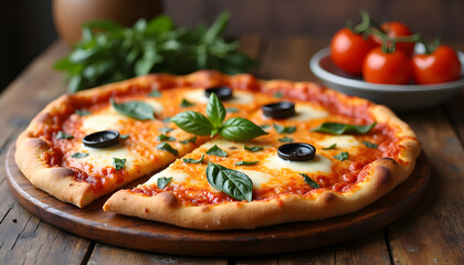 Delicious margherita pizza with black olives and fresh basil