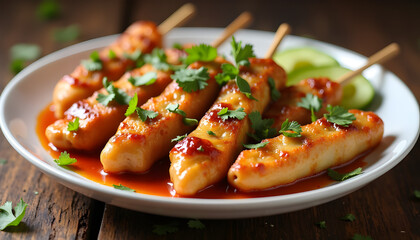 Delicious glazed chicken skewers with cilantro and cucumber