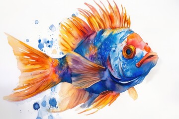 Fototapeta premium Watercolor aquatic colourful tropical fish, Vibrant watercolor painting of tropical fish in various colors swimming in an aquatic environment