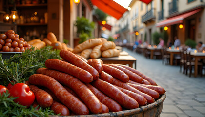 Delicious sausages displayed outdoors at a european street market