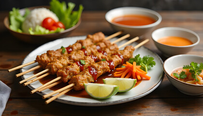 Delicious grilled pork satay skewers with spicy sauce and side dishes