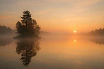Fototapeta premium Sunrise over a calm misty lake with island and reflections in warm light. AI-generated.