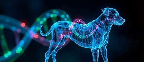 Conceptual visualization of dog anatomy and dna structure in glowing blue and pink hues