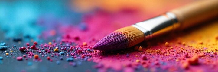 Close-up view of a paintbrush resting on a painter's palette, ready for the next stroke of vibrant color The bristles are soft and the paint is richly textured , paint, bristles, color palette