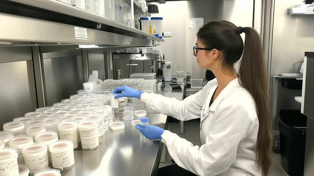 Scientist sits at stainless steel workstation, rows of labeled petri dishes in front of her as she evaluates fungal samples under bright fluorescent lighting