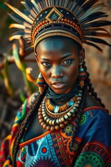 Obraz premium Portrait of african woman in tribal attire and headdress digital art painting