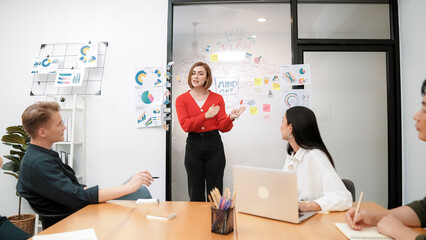 Young beautiful leader presents marketing strategy while expert investor and project manager listening and lecturing to analyze business performance at start up business meeting. Immaculate.