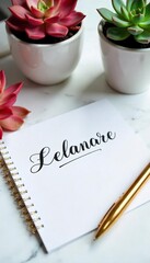 Elegant calligraphy script on a marble desk with blooming succulents and a gold pen, reflecting a sophisticated and aesthetically pleasing business , marketing, handwriting