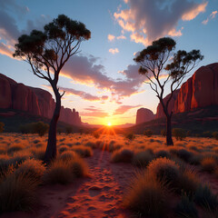 Sunset over a desert landscape with two trees and red rock formations