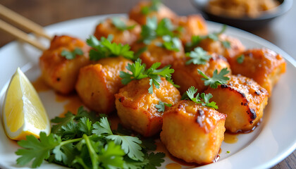 Delicious glazed tofu skewers with parsley and lemon garnish