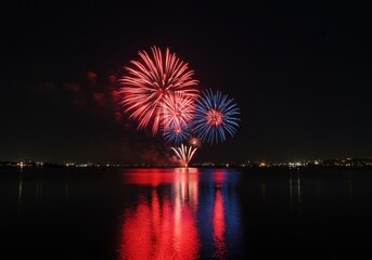 Nighttime fireworks display over water