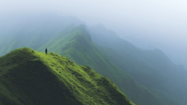 A lone traveler, perhaps an Asian male, treks emerald peaks under a misty shroud, invoking Earth Day wanderlust