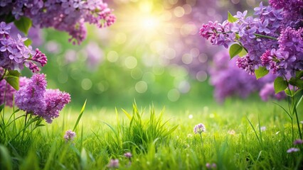 Lilac Blooms on Green Grass, grassy landscape, purple flowers
