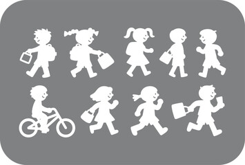 Silhouettes of Children Going to School with Backpacks Lunchboxes and Riding a Bike on a Gray Rounded Rectangle Background This image features