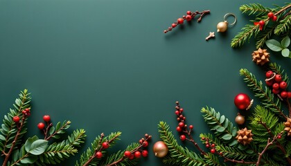a festive holiday scene with a green pine garland adorned along the bottom edge, and above it, branches of evergreen, red berries, red holly leaves, and a green bow