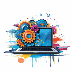 Fototapeta premium Professional Gear Wheels and Laptop Computer on White Background for Engineering Presentations