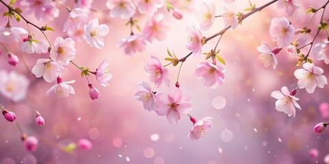Soft pink cherry blossoms gently falling in a dreamy atmosphere with delicate petals floating downwards under the soft light of dawn, serene, blurred edges