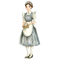 Watercolor Illustration of a Smiling Maid Holding a Basket Full Body Portrait