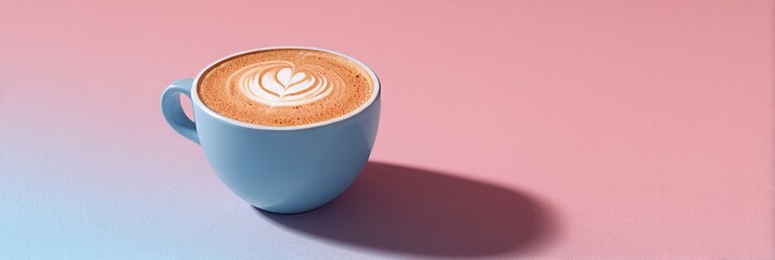 Cerulean mug cradles frothy cappuccino art, evoking pastels of dawn, National Espresso Day, comforting caffeine whispers