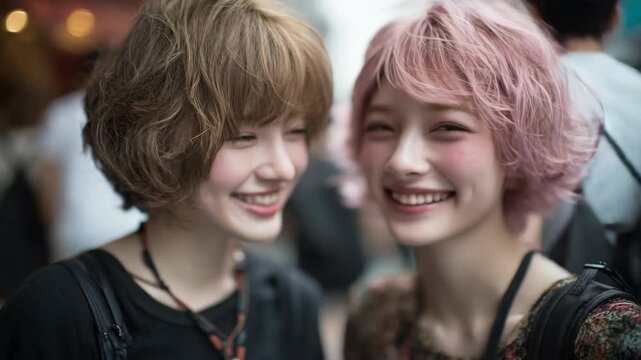 原宿で微笑む日本人女性同士のレズビアンカップル