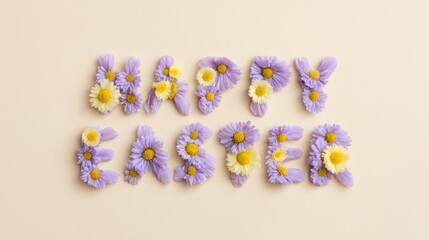 Cheerful daisies spell Happy Easter, blending floral whims with festive anticipation, embodying Ostaras renewal and Mardi Grass jubilance