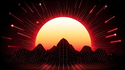 Retro sun rays over digital mountains