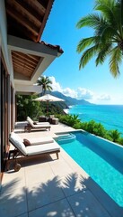 Luxury villa with private pool, stunning ocean views, spacious patio, and lush tropical gardens Perfect for a relaxing getaway , design, exterior