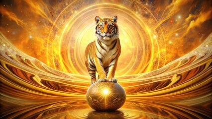 Majestic tiger king atop a glowing golden sphere in an abstract landscape