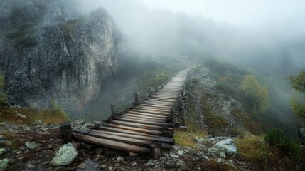 Fototapeta premium A misty mountain road with an old wooden bridge crossing a deep ravine, background wallpaper AI generated image