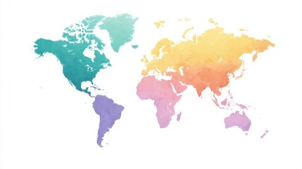 Multicolored watercolor world map, evoking global unity and wanderlust, perfect for Earth Day and International Peace Week