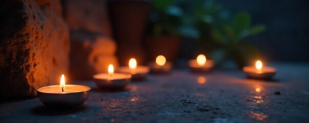 Candles illuminate a darkened space, casting soft, ethereal glows on textured surfaces Perfect for themes of meditation, peace, serenity, and spiritual awakening , candlelight, worship