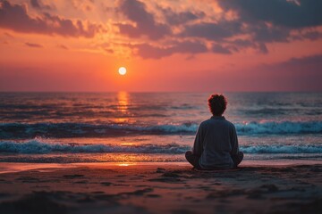 Fototapeta premium A person meditates on the beach during a vibrant sunset over the ocean.