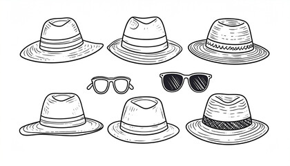Hand-drawn sketch of various hats and sunglasses; three fedora-style hats, three straw hats, and two pairs of sunglasses, all in black and white line art