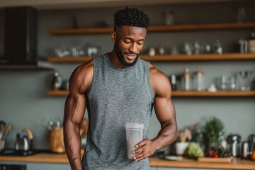 A fit man enjoys a smoothie in a modern kitchen, showcasing health and wellness lifestyle.