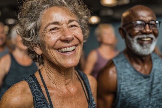 Joyful seniors enjoying a fitness class, showcasing happiness and community spirit.