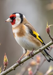 Fototapeta premium European Goldfinch on Branch – Ultra Realistic Bird Close-Up with Blurred Background
