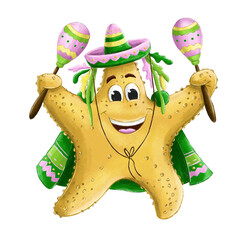 Cartoon starfish with mexican maracas