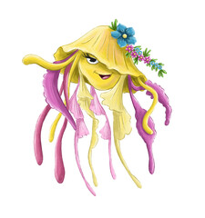 Cartoon yellow jellyfish with flowers