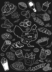 Hand-drawn food offers elegance and simplicity in chalkboard menu design. Vector illustration suitable for restaurant menus.